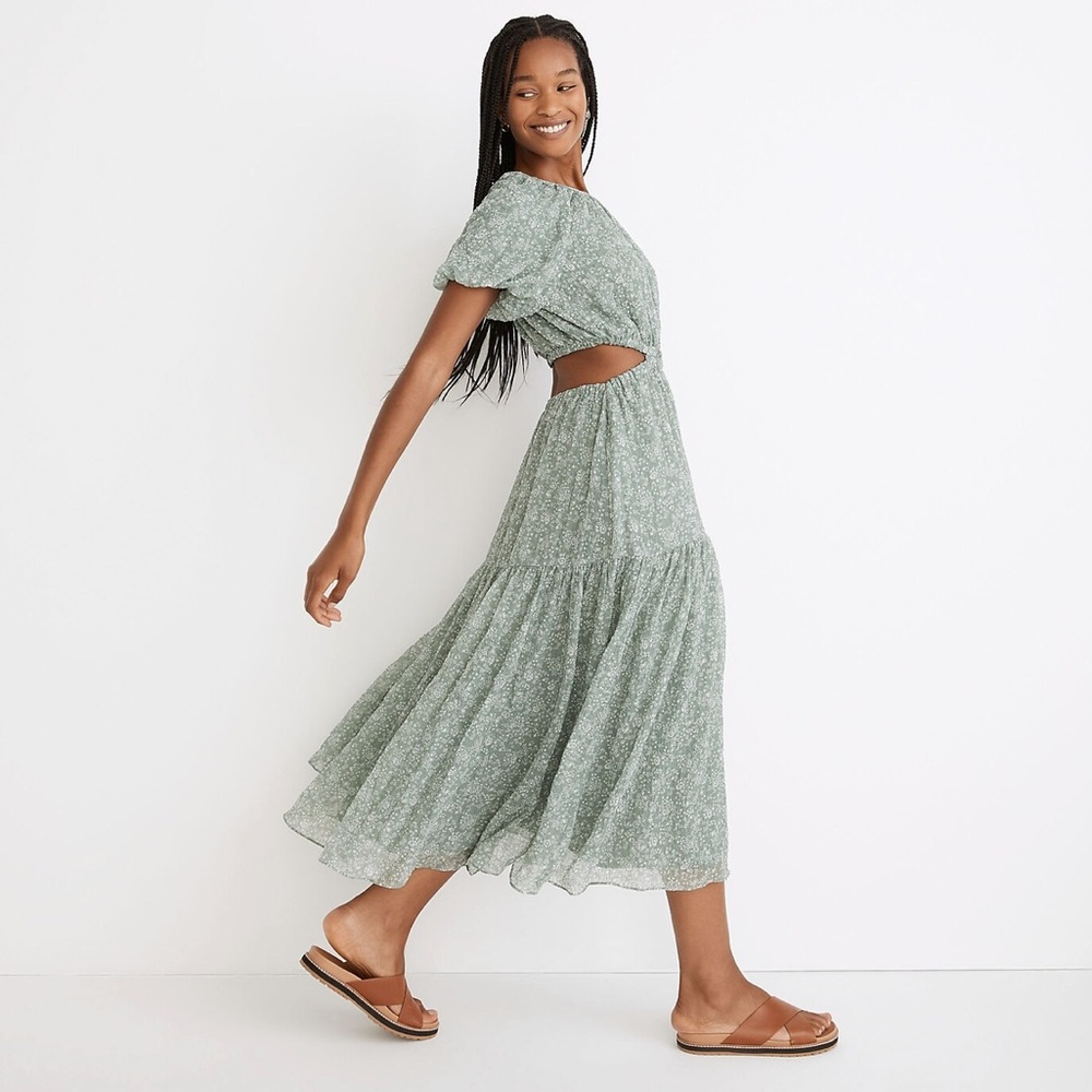 Madewell Seersucker Puff Sleeve Cutout Midi Dress Piazza Floral Sage Green | L